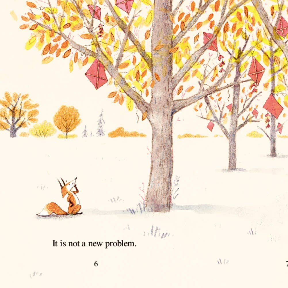 Illustration of a fox under a tree with autumn leaves and red flags, with text 'It is not a new problem.'