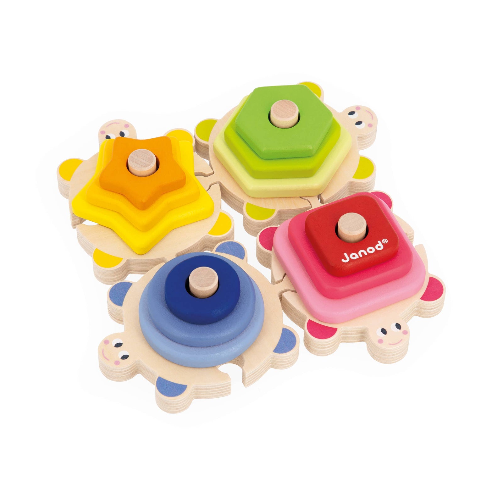 Colorful wooden toy with geometric shapes on a white background