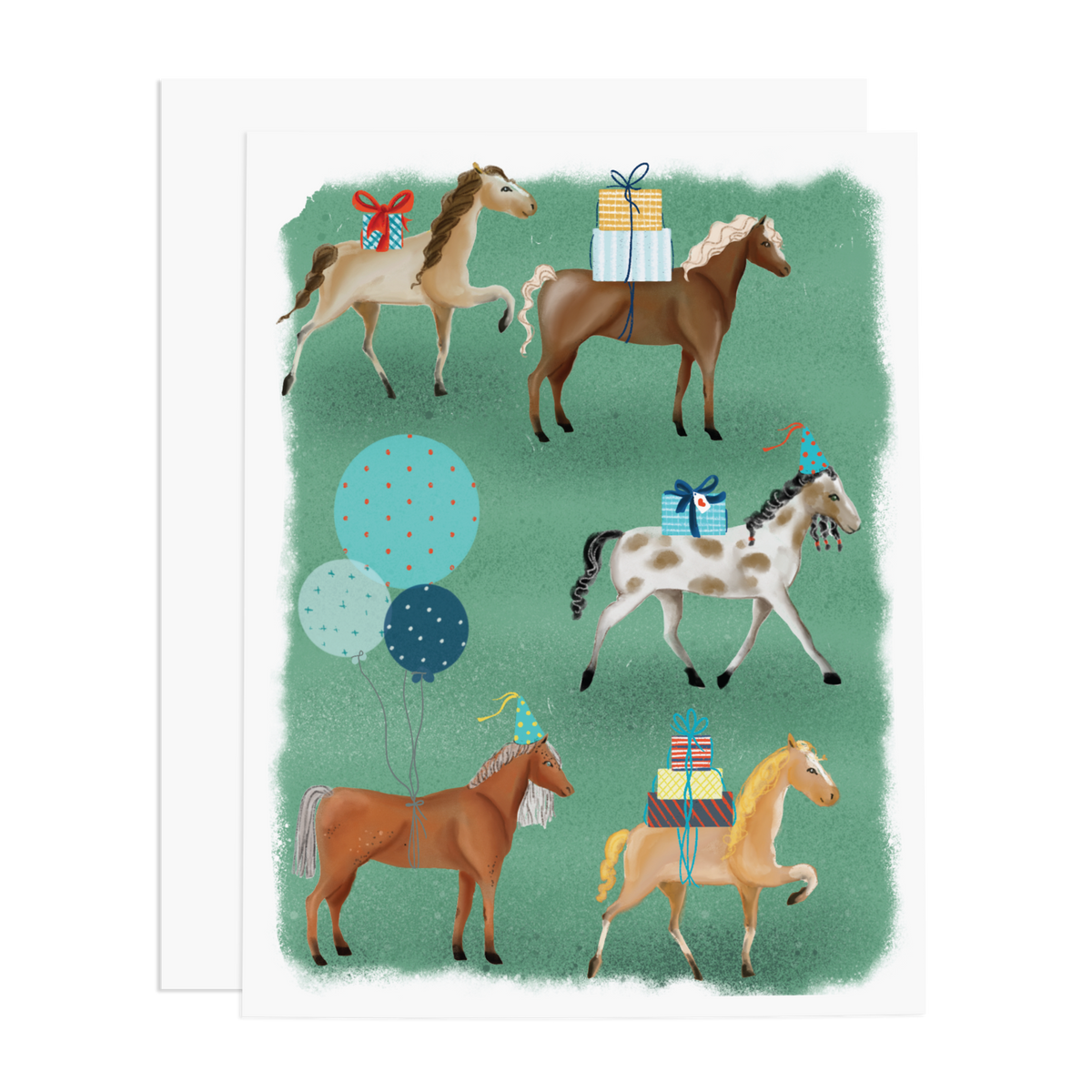 Illustration of horses with birthday decorations on a green background