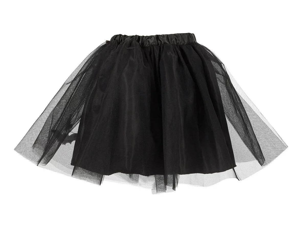 Black tutu skirt with white bat designs on a white background