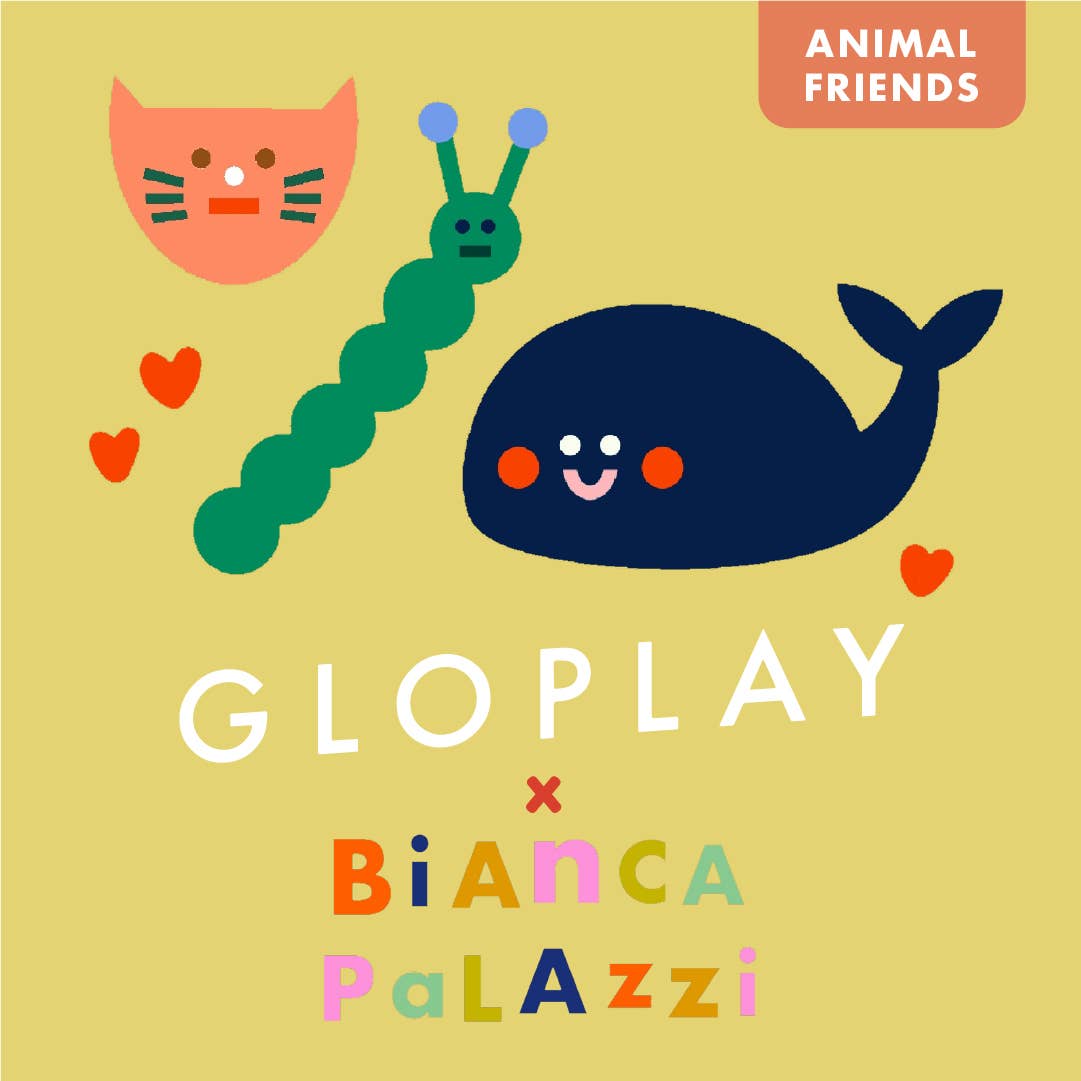 Children&#39;s book cover with a whale, caterpillar, and cat illustration on a yellow background, featuring Gloplay and Bianca Palazzi.