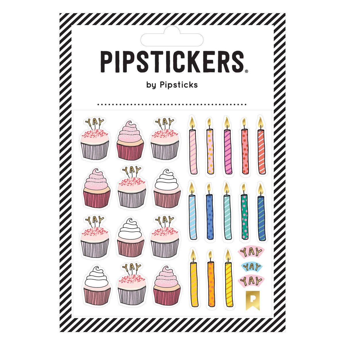 Packaging of Pipsticks stickers featuring cupcakes and candles on a white background.
