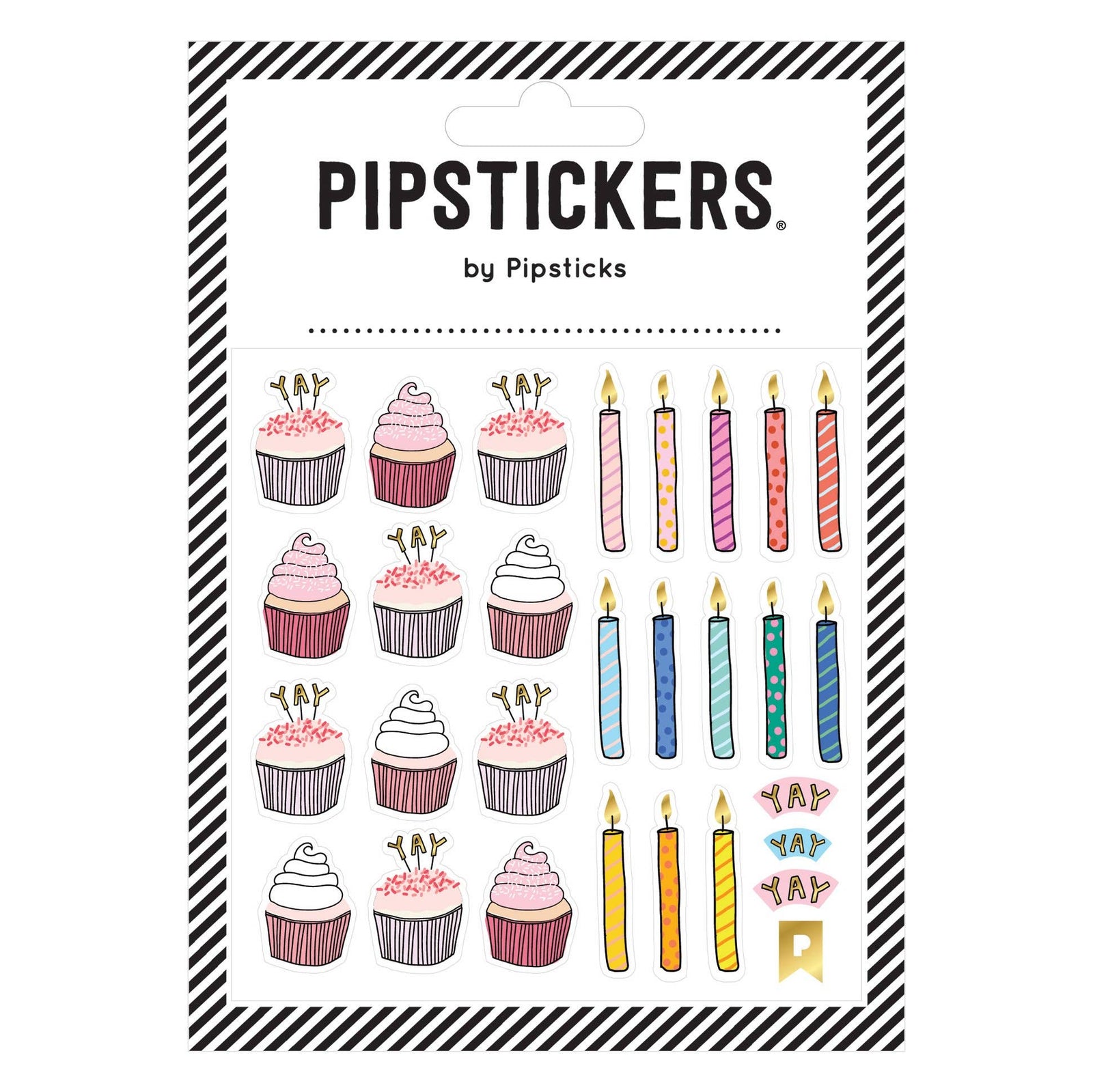 Packaging of Pipsticks stickers featuring cupcakes and candles on a white background.