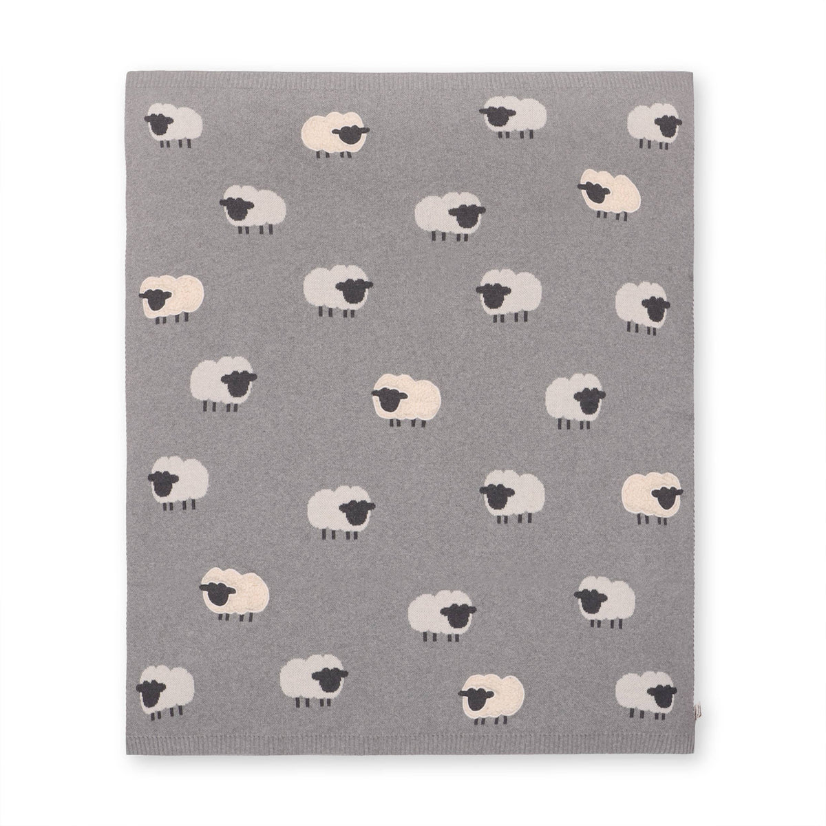 Gray blanket with white sheep pattern on a white background