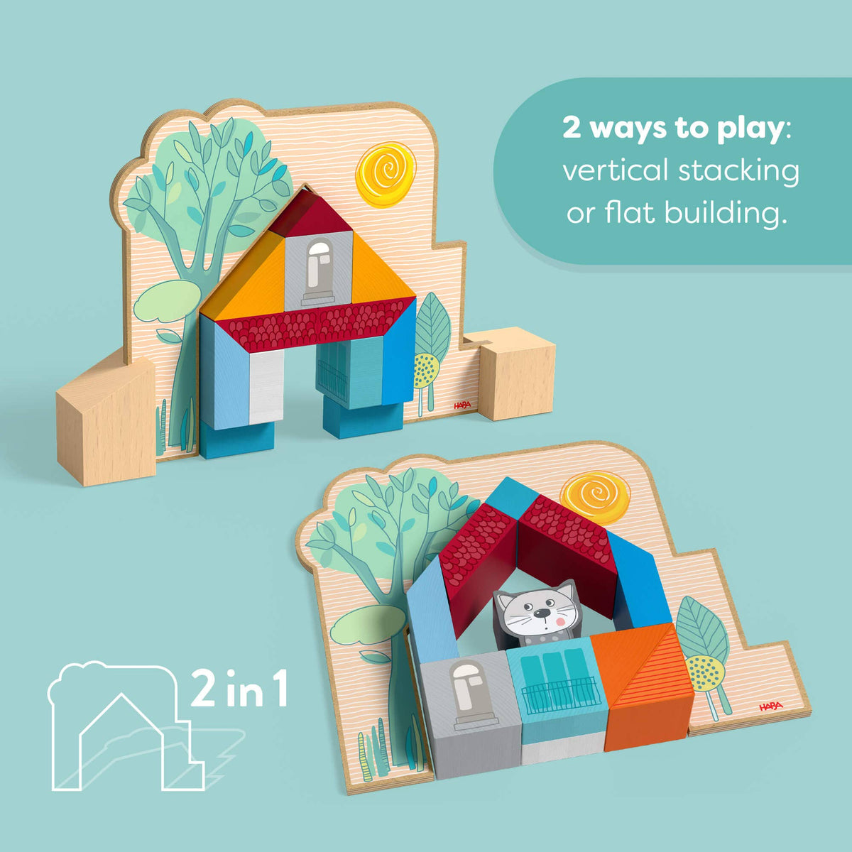 Wooden house building blocks shown in two play configurations on a light blue background, with text reading '2 ways to play: vertical stacking or flat building.' and '2 in 1'.