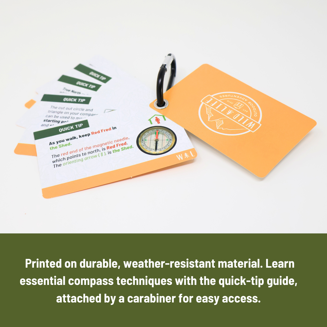Compass guide with quick-tip cards and carabiner on a white background