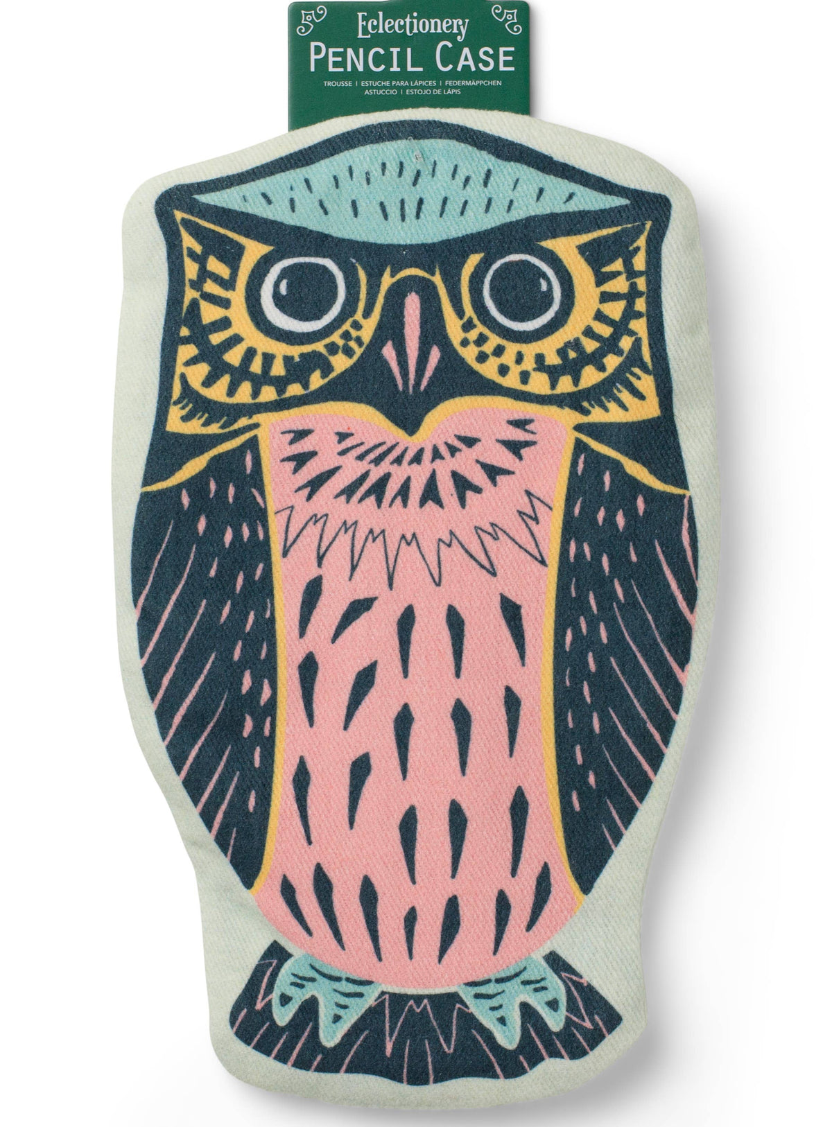 Owl-shaped pencil case with a colorful design on a white background