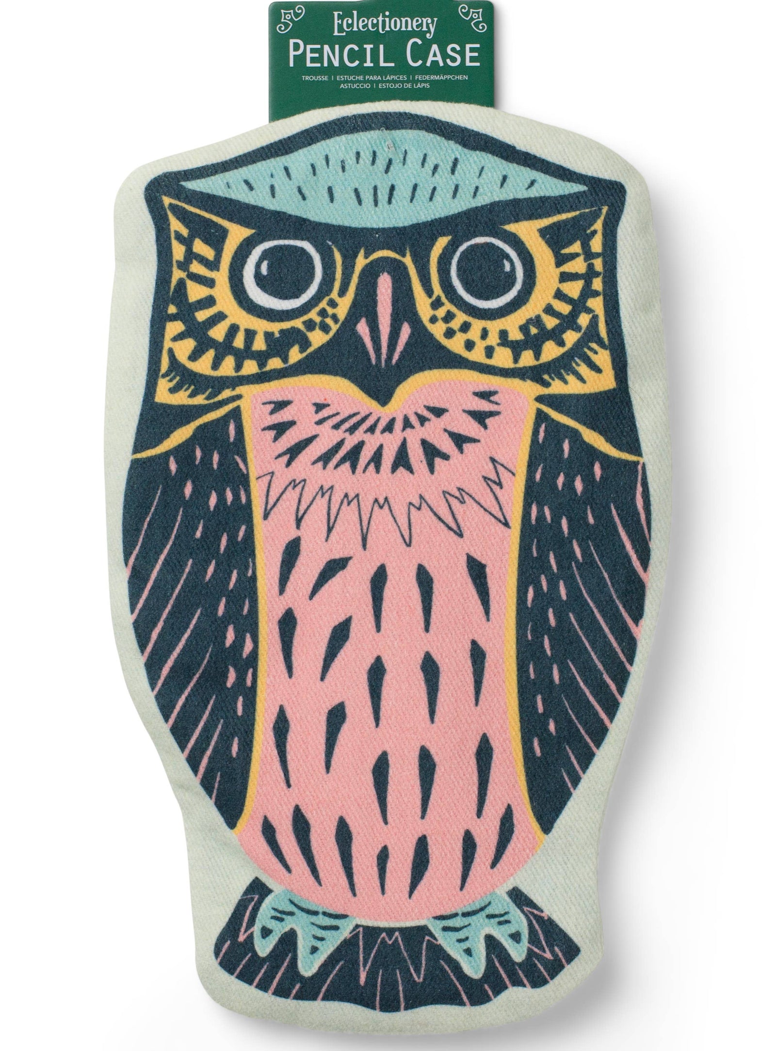 Owl-shaped pencil case with a colorful design on a white background