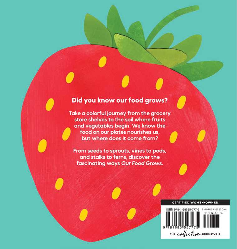 Book cover of 'Our Food Grows' with illustrations of fruits and vegetables on a teal background.