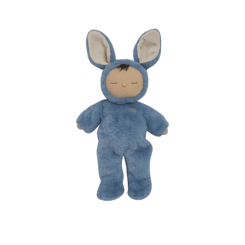 Blue plush toy with bunny ears on a white background