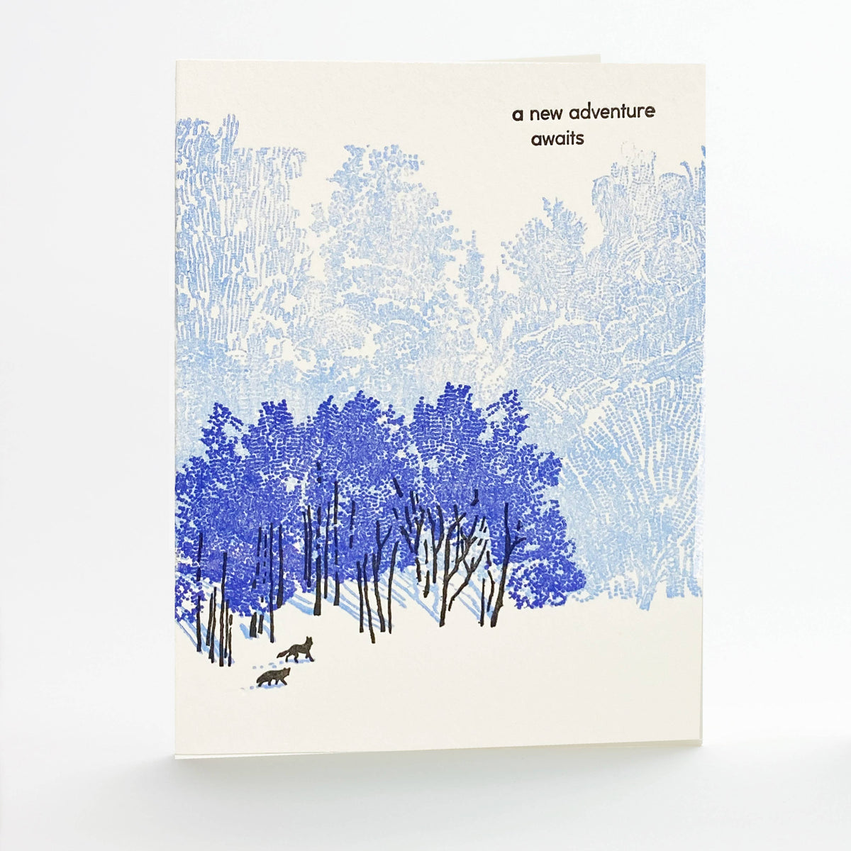 Card with forest scene 'a new adventure awaits' text