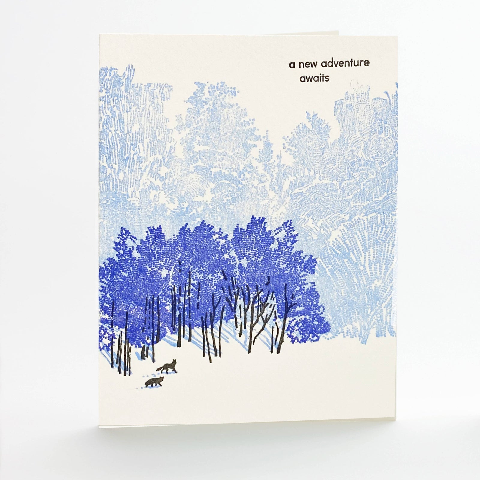 Card with forest scene 'a new adventure awaits' text