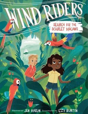 Book cover of 'Wind Riders: Search for the Scarlet Macaws' with two children in a jungle setting.