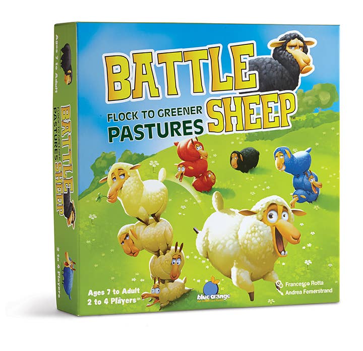 Board game box for 'Battle Sheep' with colorful sheep illustrations on a green field background.