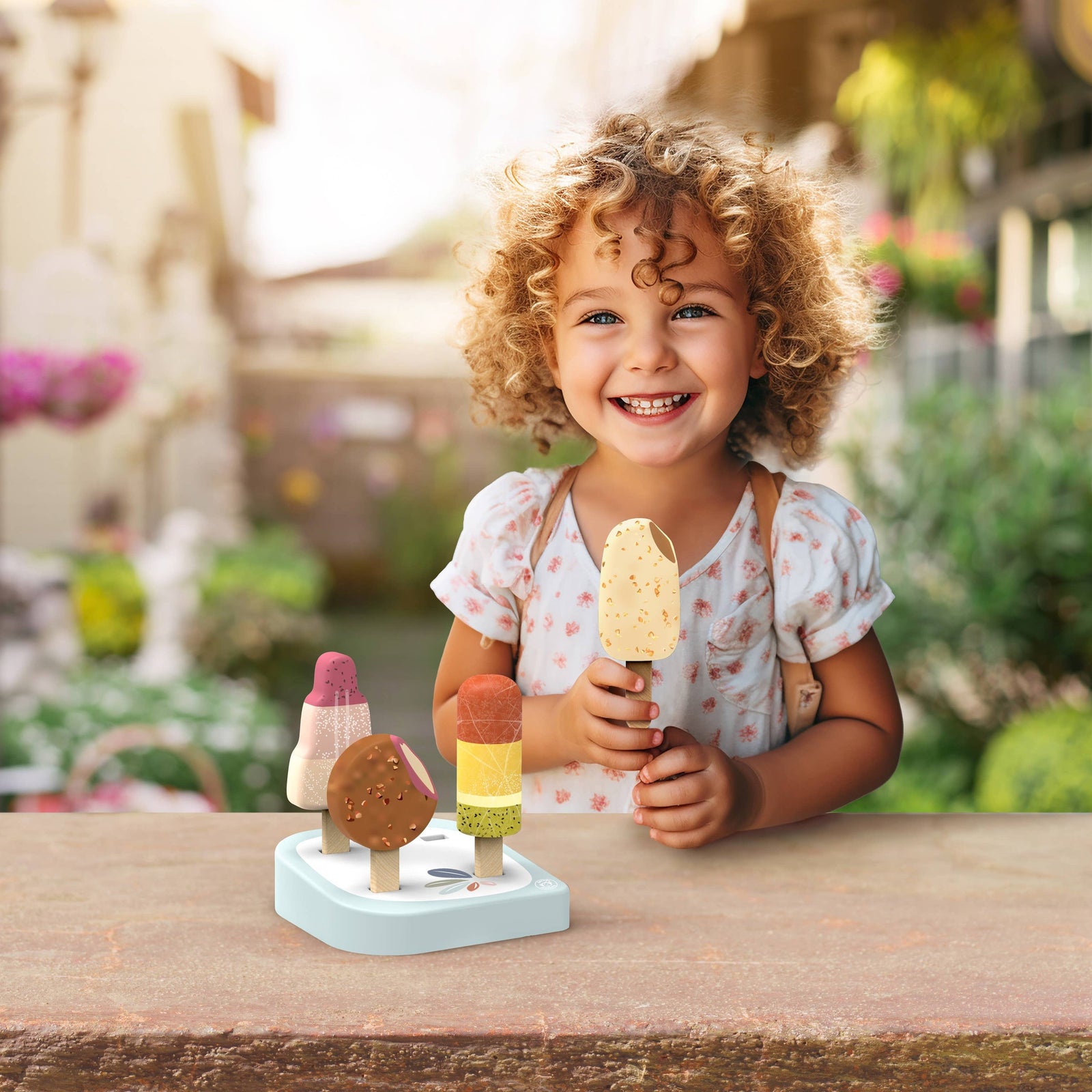 Child holding a toy ice cream cone with a display of other toy ice creams outdoors.