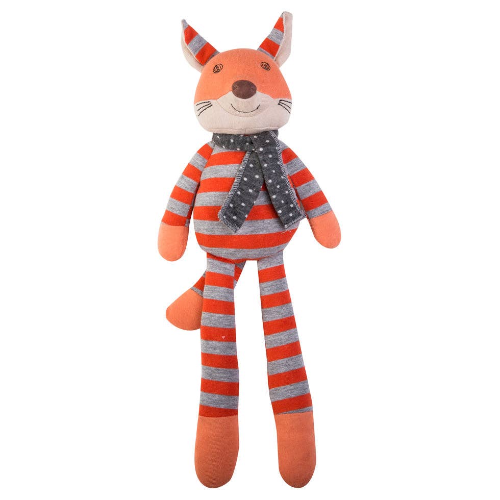 Plush toy fox with orange and gray striped body on a white background