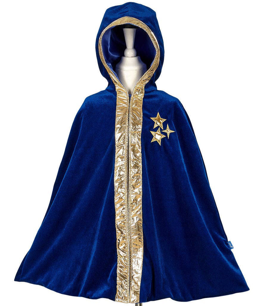 Blue hooded cloak with gold embroidery and star designs on a mannequin against a white background