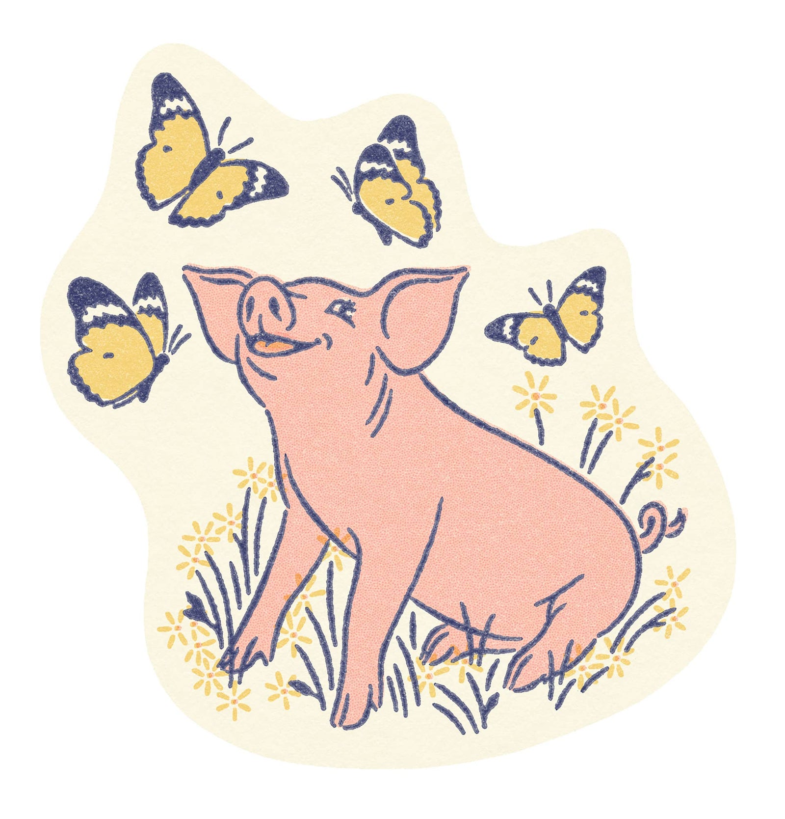 Illustration of a pink pig surrounded by butterflies and flowers on a white background