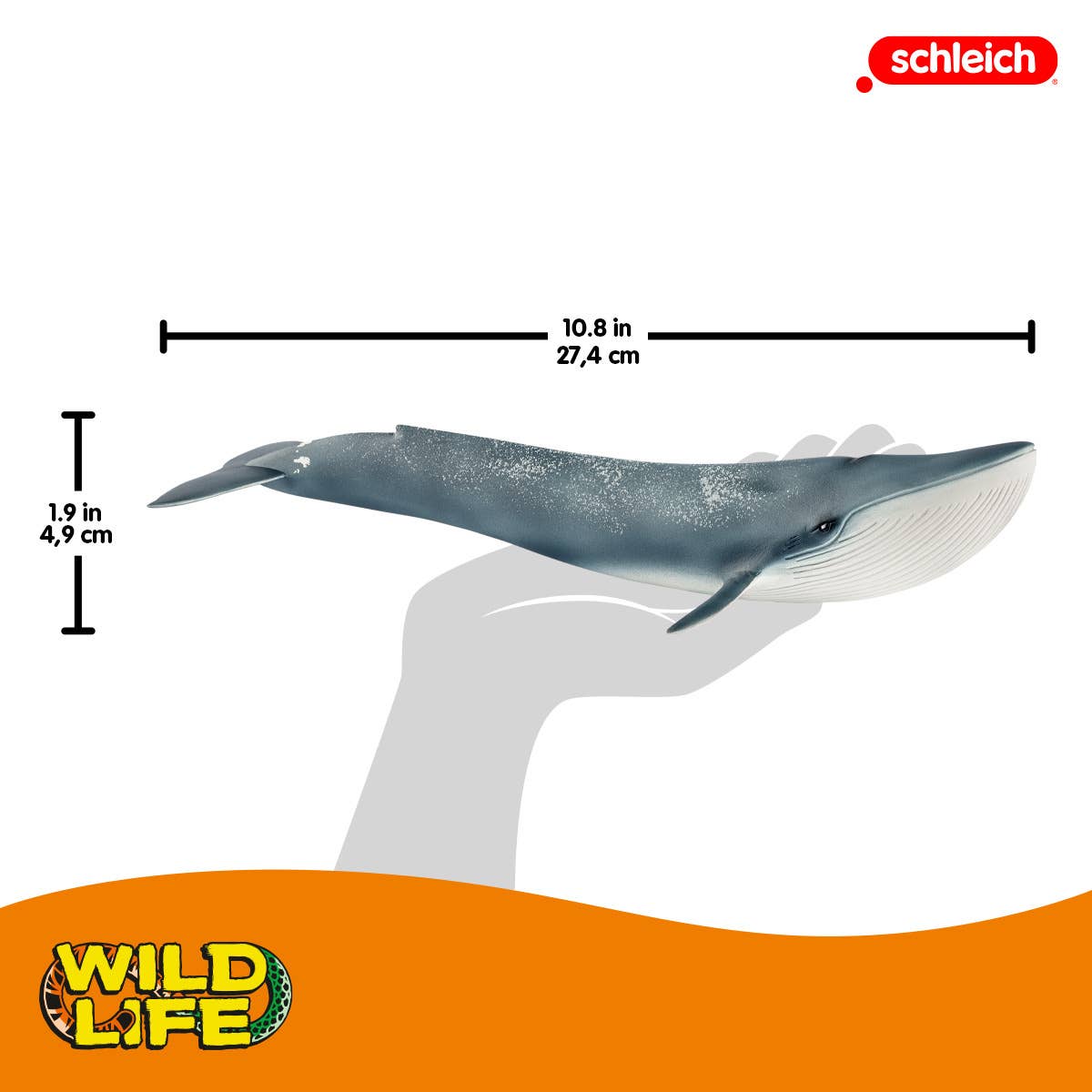 Schleich Wild Life whale wall decal shown on a white background with a hand silhouette and size measurement lines indicating 10.8 inches (27.