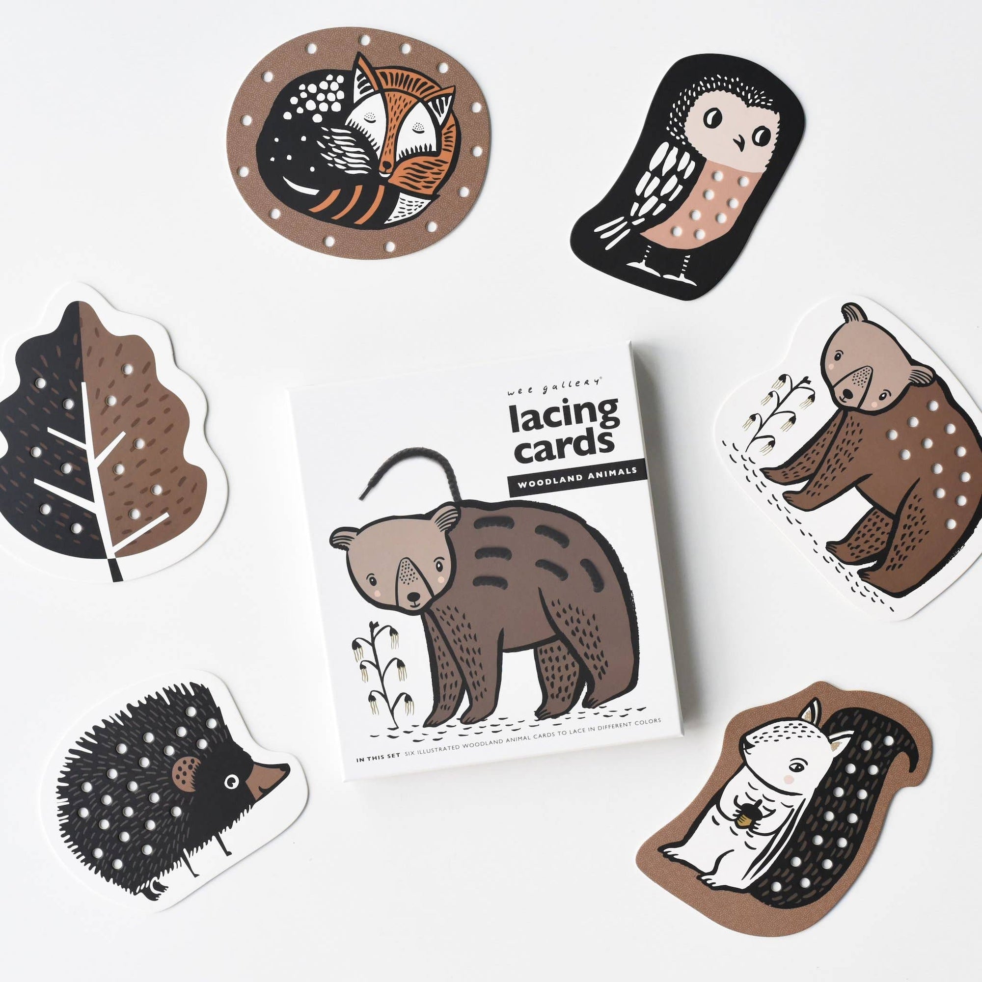 Set of animal-themed lacing cards on a white background