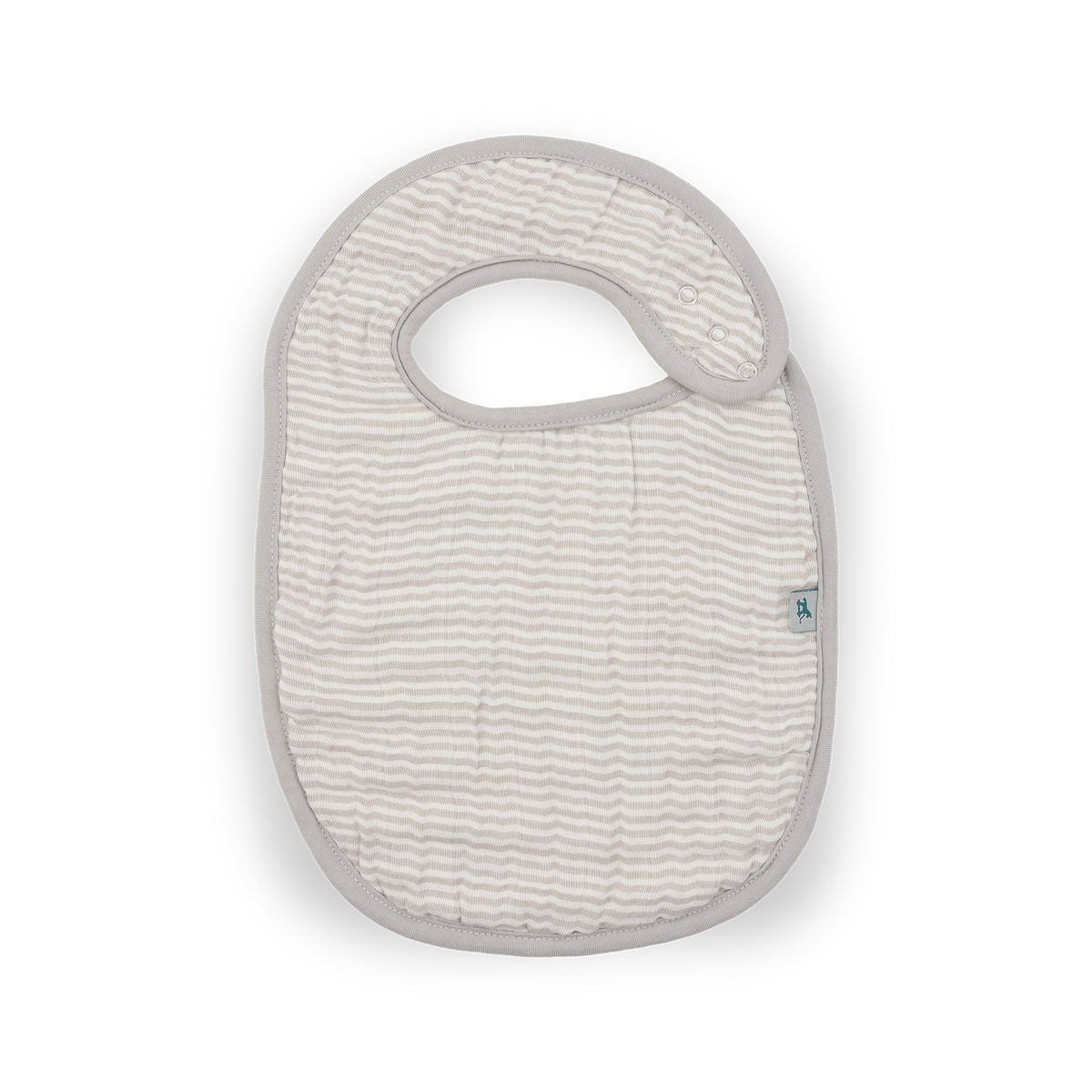 A light gray and white wavy-striped muslin bib with a solid gray trim, shown flat against a white background.