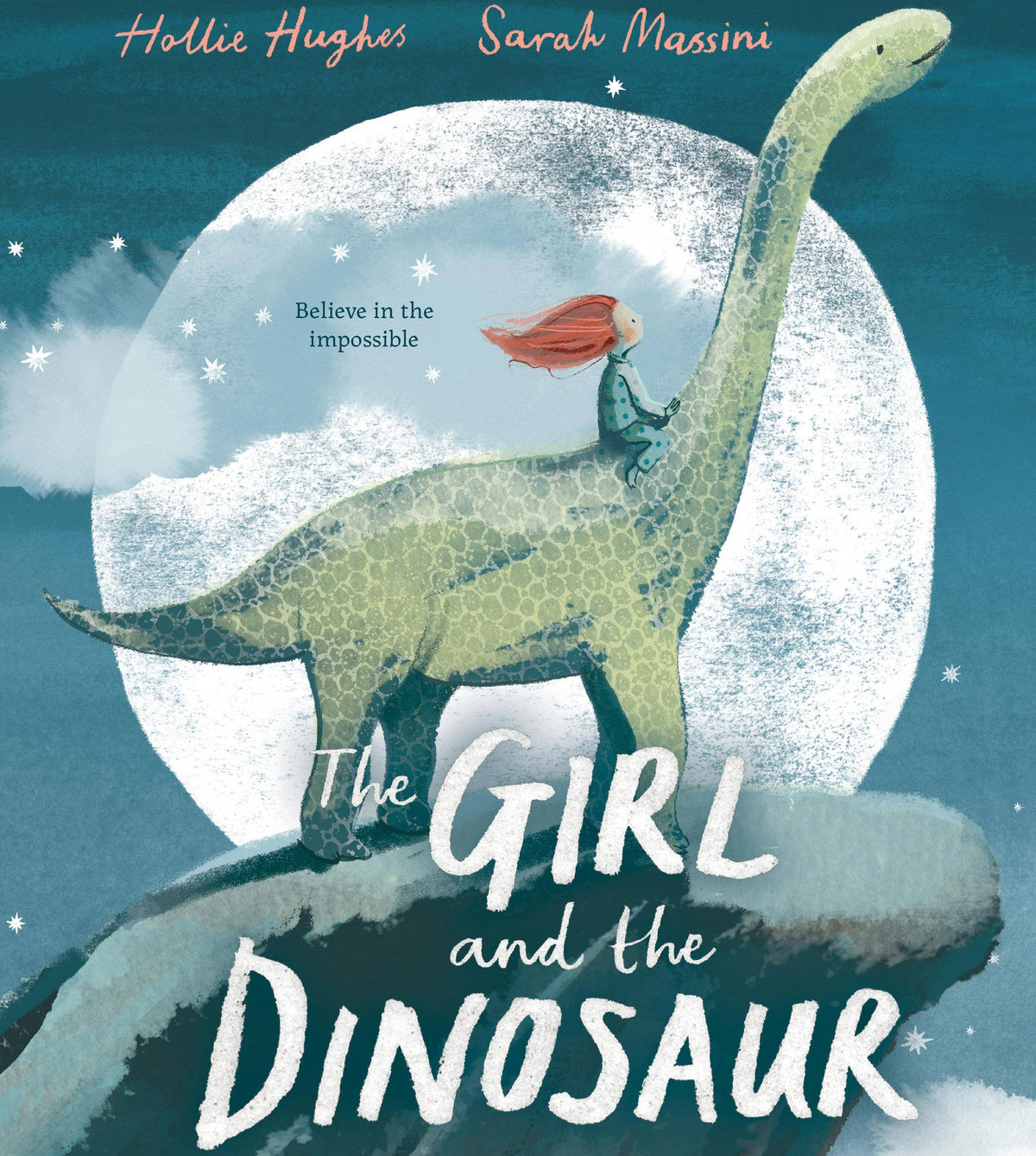 Book cover of 'The Girl and the Dinosaur' with a girl riding a dinosaur against a moonlit sky.