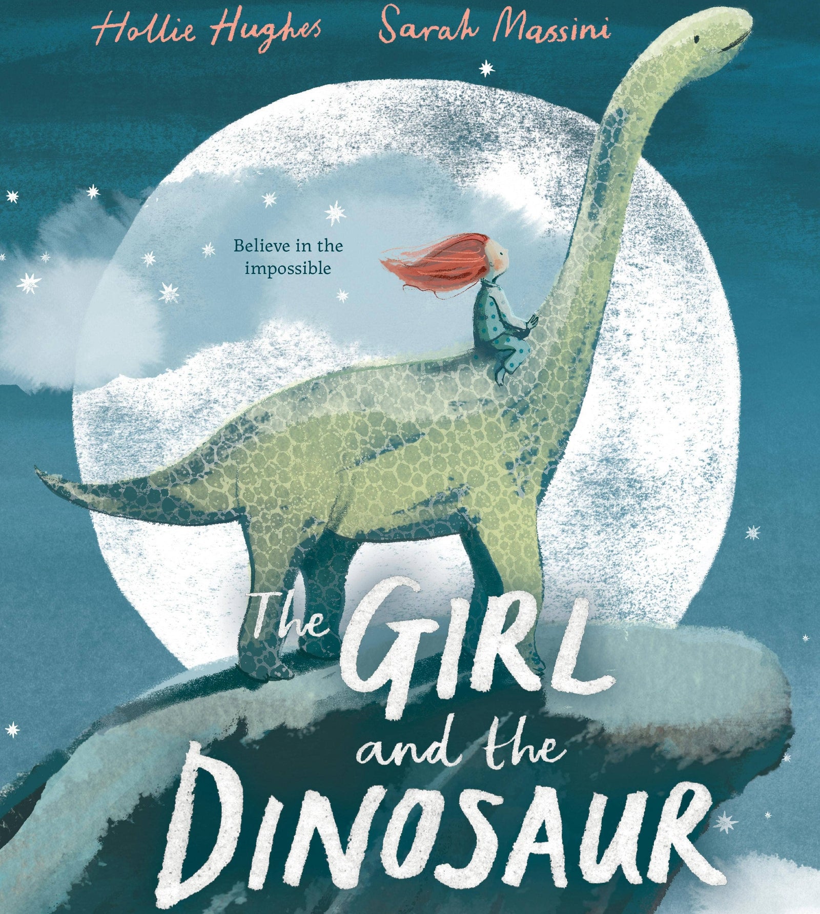 Book cover of 'The Girl and the Dinosaur' with a girl riding a dinosaur against a moonlit sky.