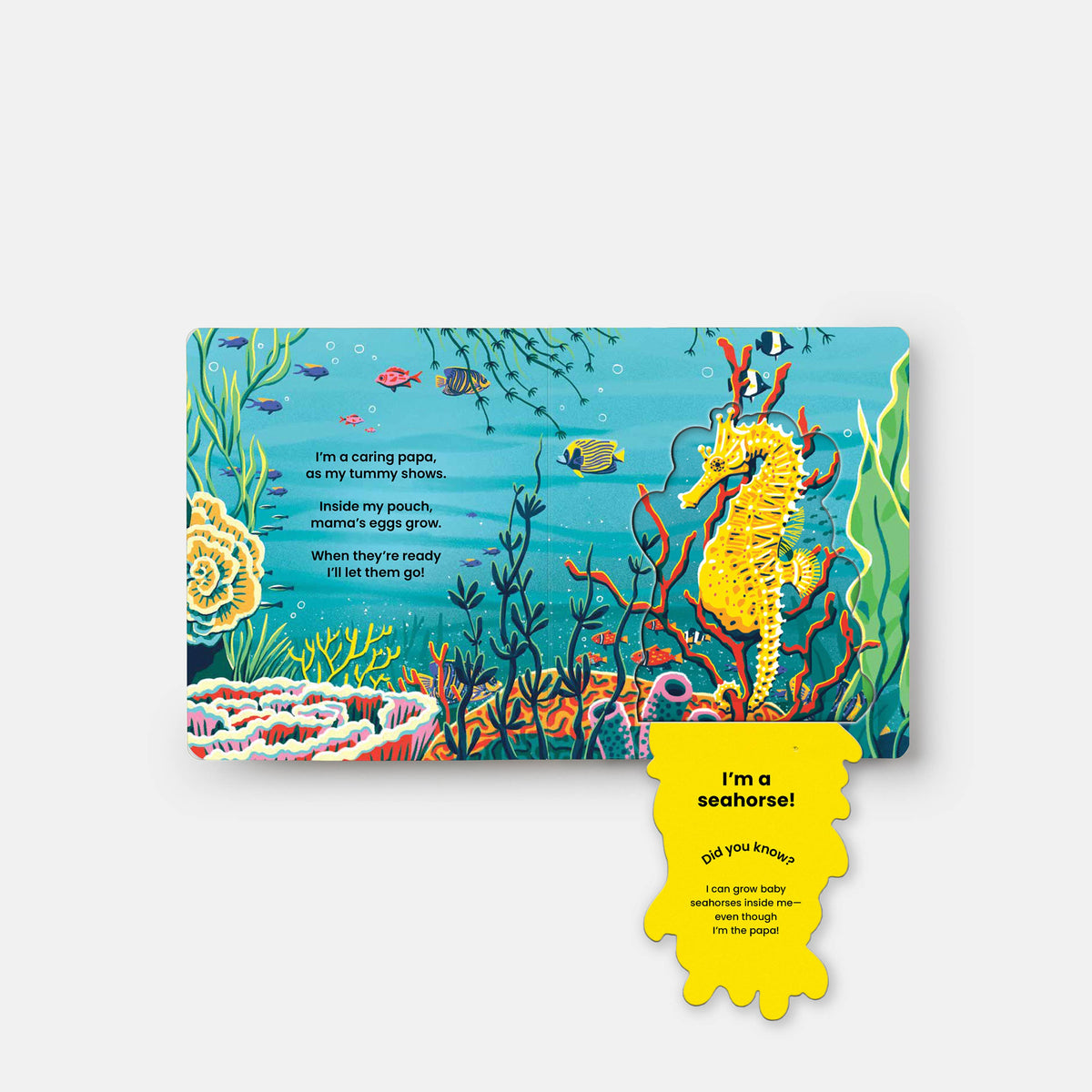 Children's book page with a seahorse illustration and underwater scene