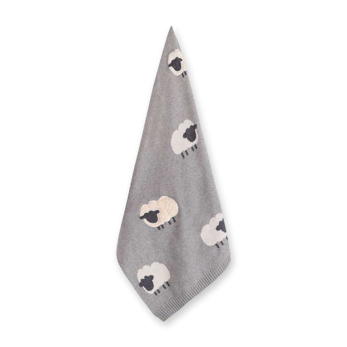 Gray knitted blanket with sheep patterns on a white background