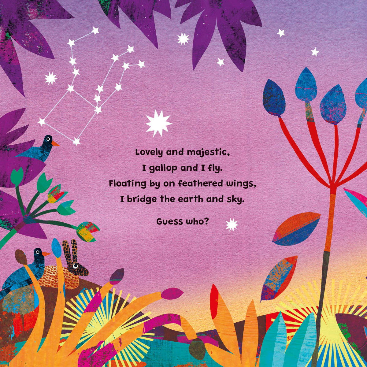 Colorful illustration of plants and celestial elements on a purple background