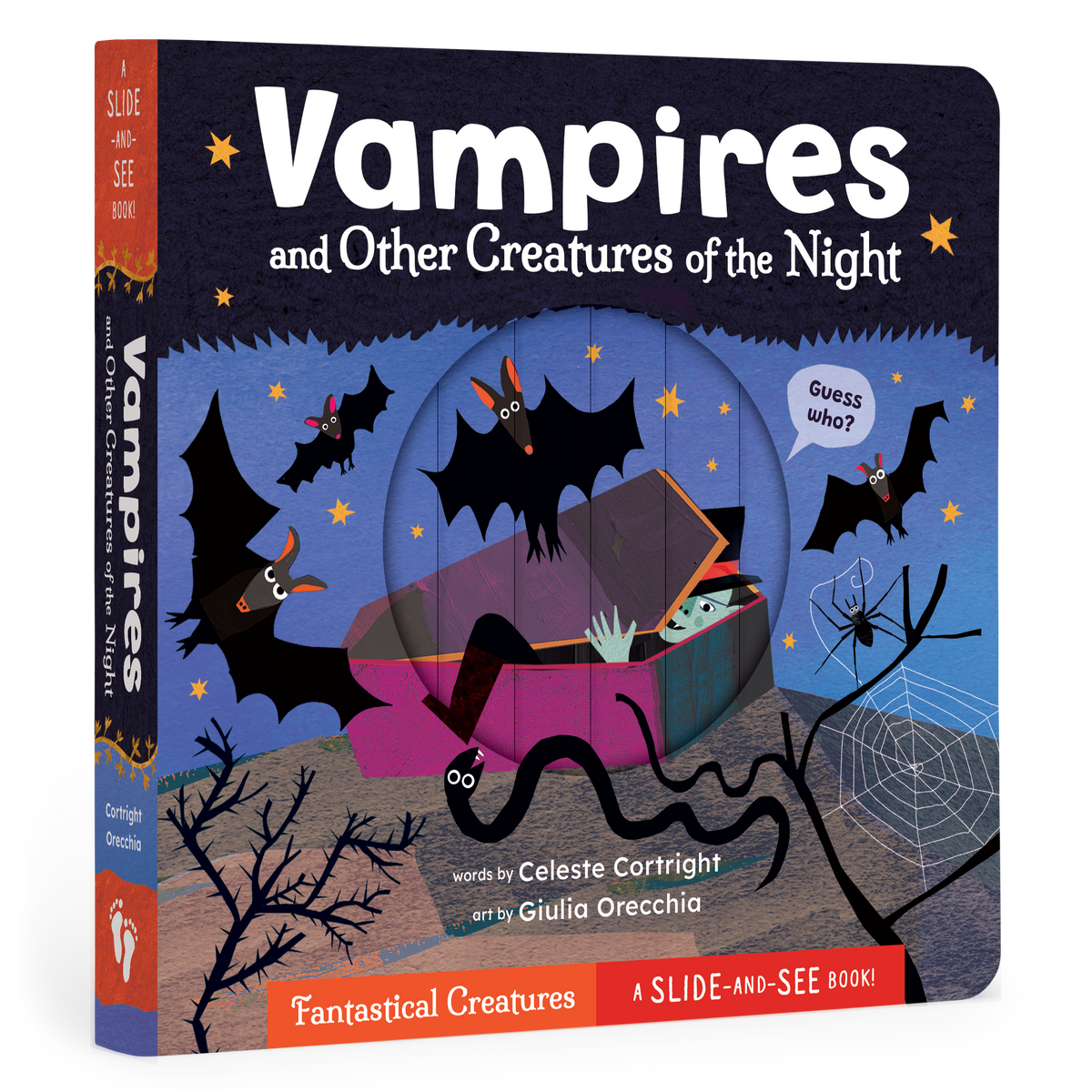 A children's board book titled "Vampires and Other Creatures of the Night" shown at a slight angle to display the front cover and spine. The cover features a dark Halloween illustration with bats, a coffin, a spider, and a slide window revealing a green creature inside.