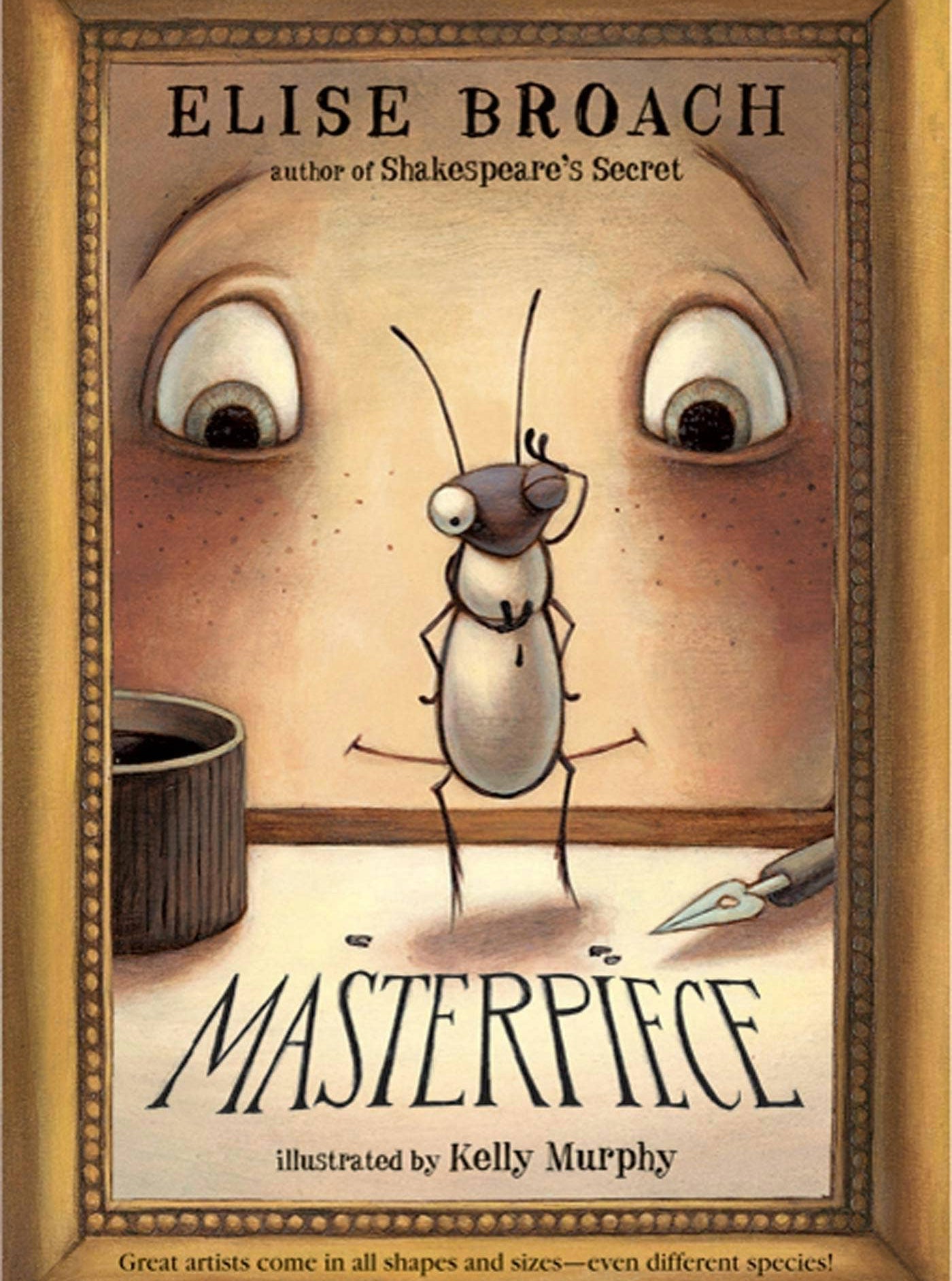 Book cover of 'Masterpiece' by Elise Broach with a cartoon ant and coffee cup illustration.