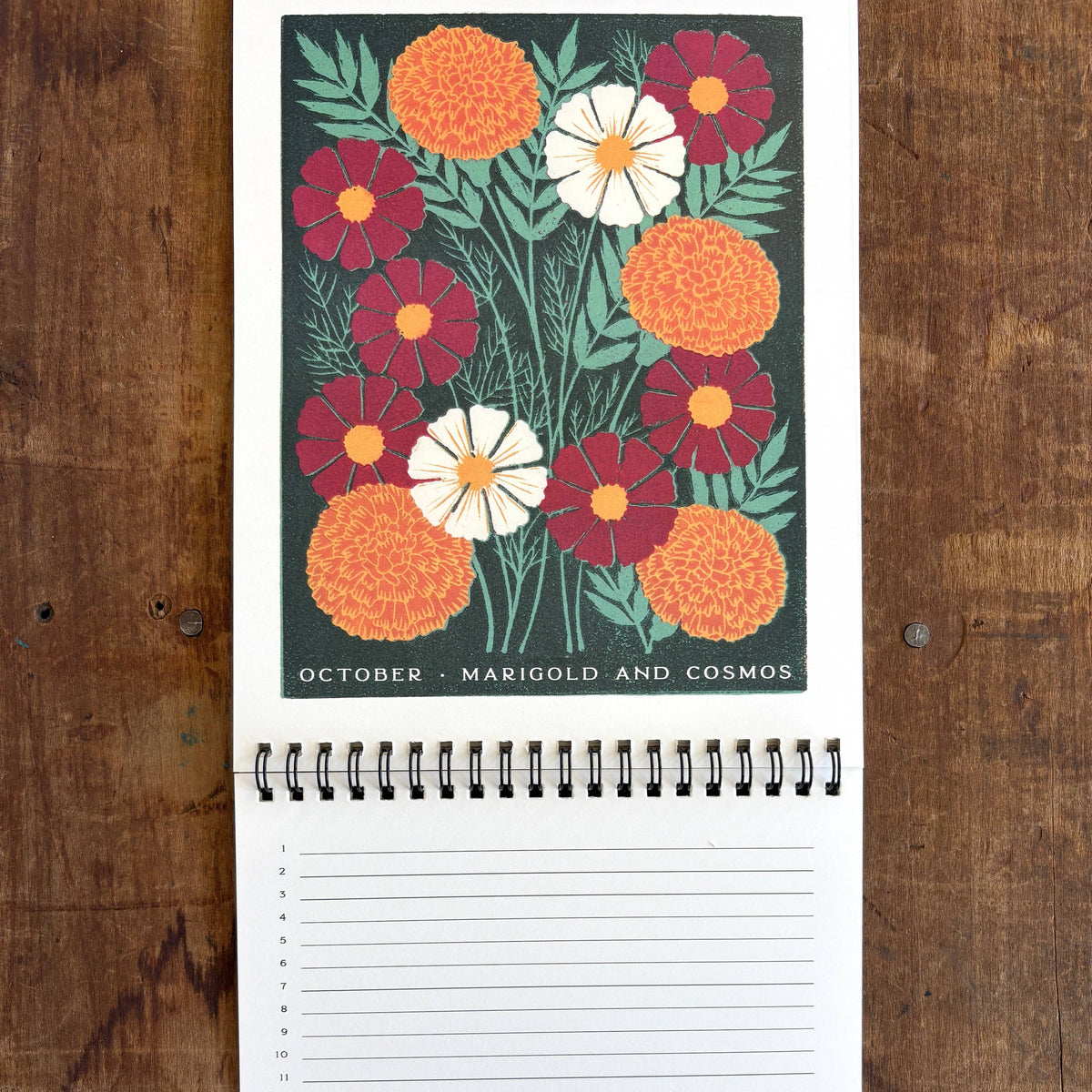 Floral-themed calendar with a wooden background