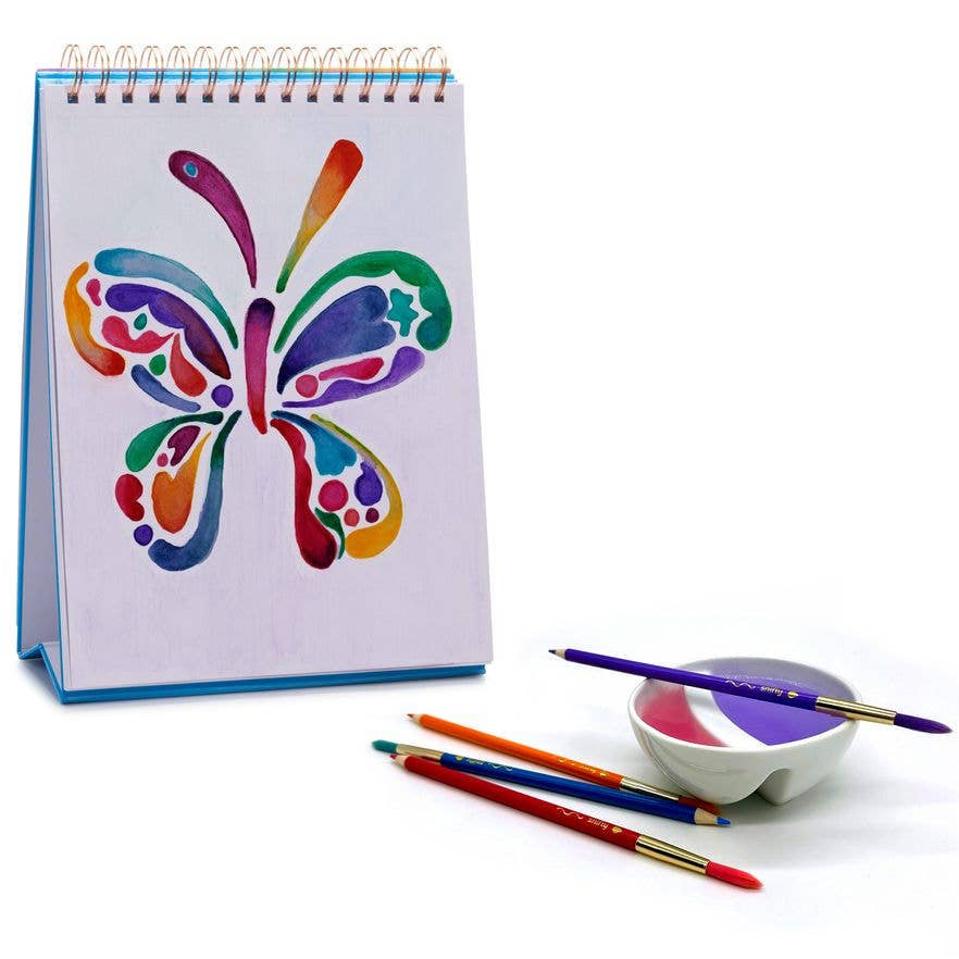 Set of 12 colorbrush watercolor pencils and paintbrushes in jewel tones packaging.