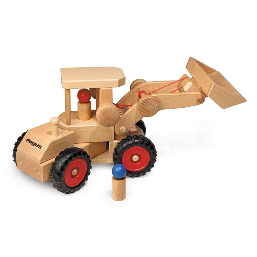 Wooden toy front loader with attached scoop on a white background
