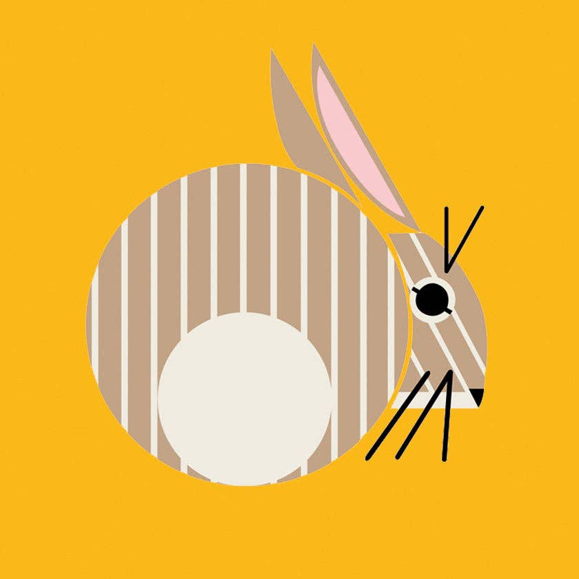 Illustration of a rabbit inside a circle on a yellow background with 'Play here!' text.