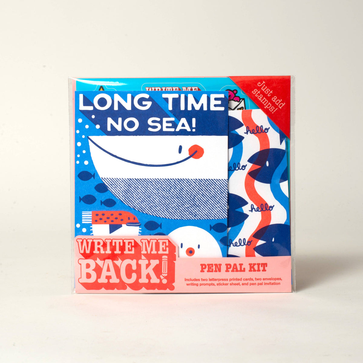 Pen pal kit packaging with nautical design and text on a white background