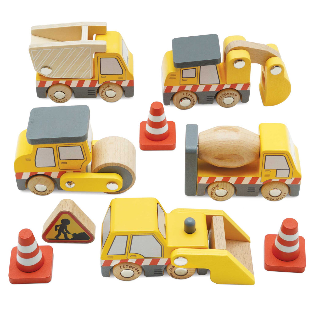 Set of wooden toy construction vehicles on a white background