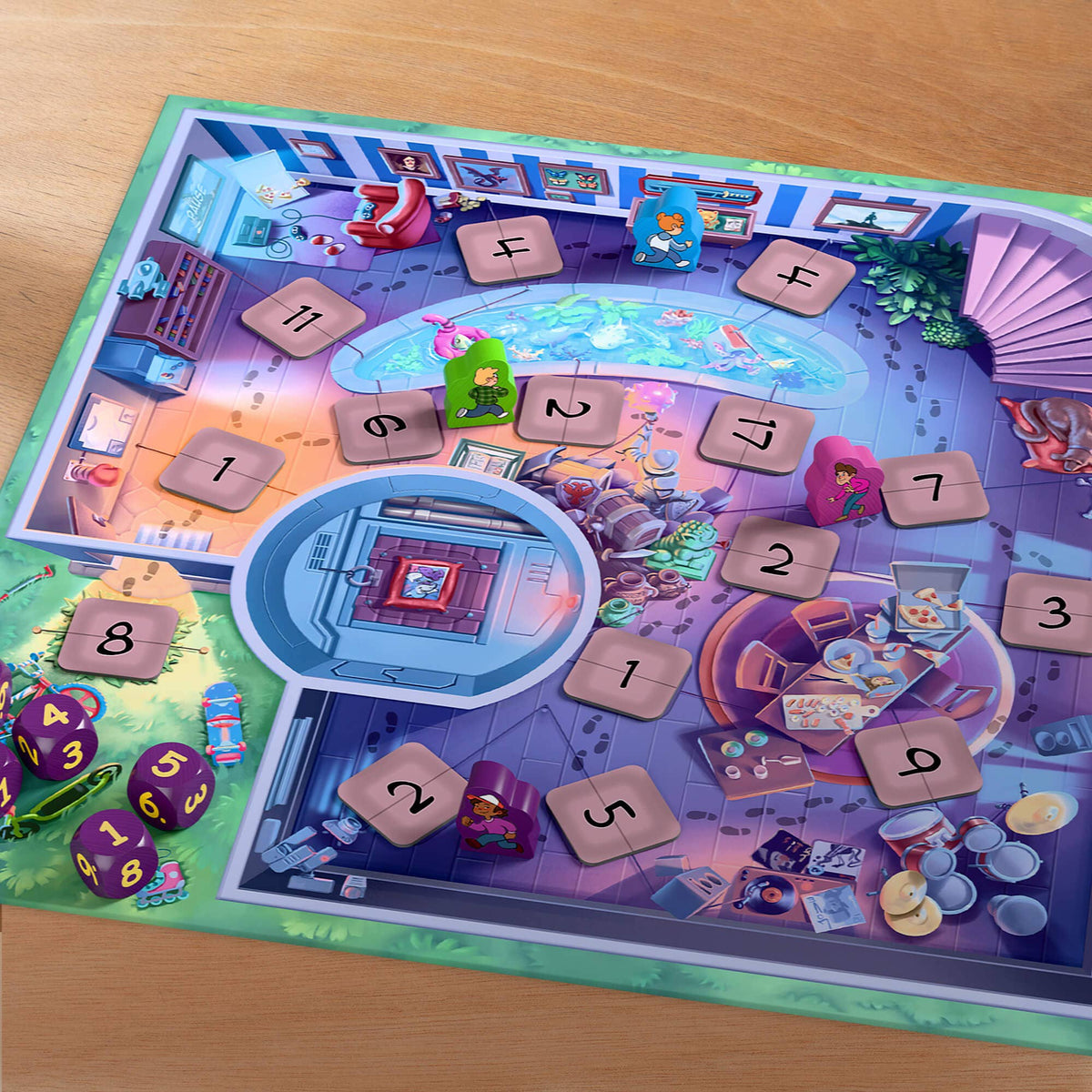 Board game with colorful tiles and characters on a wooden table