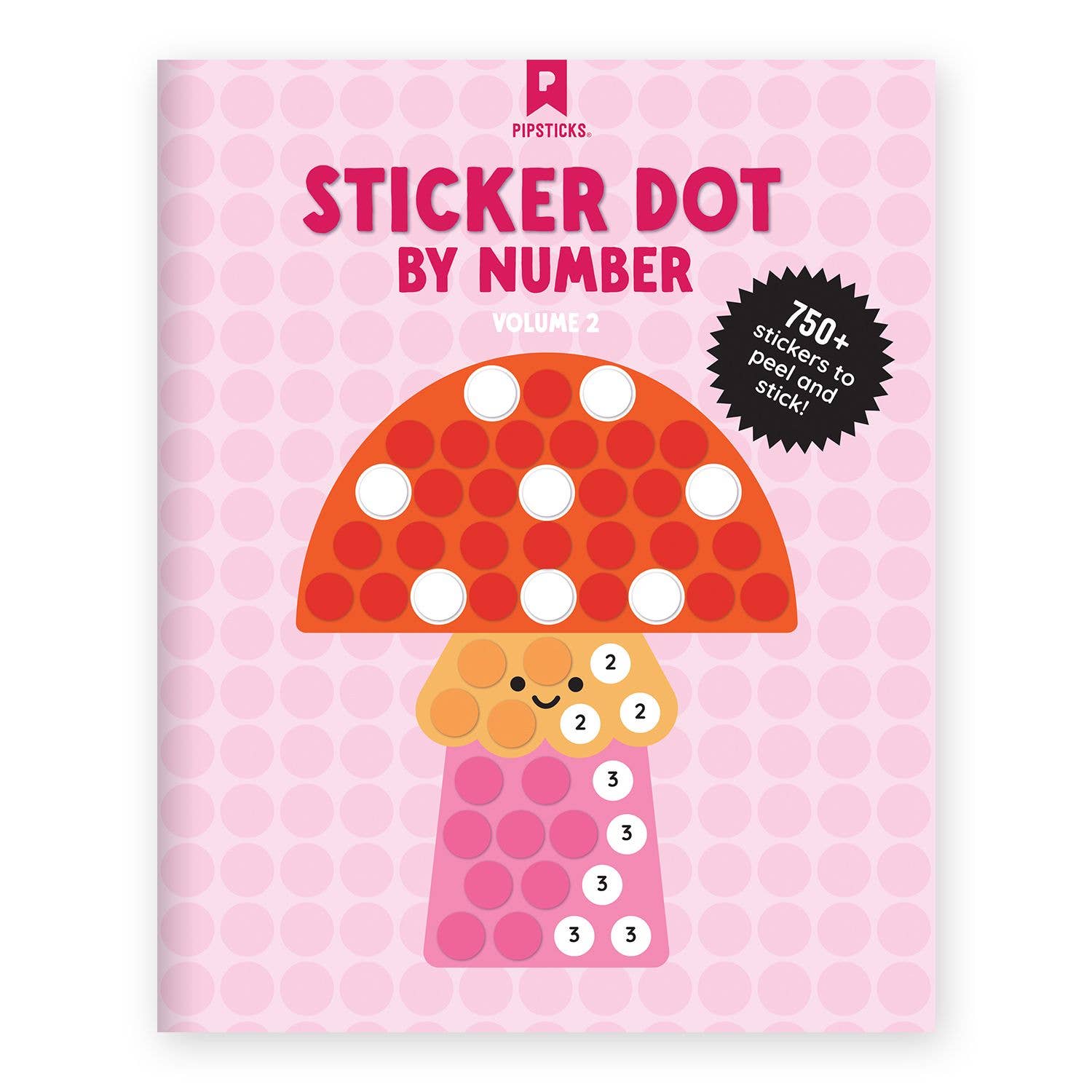 Sticker book titled 'Sticker Dot by Number' with a mushroom design on a pink background
