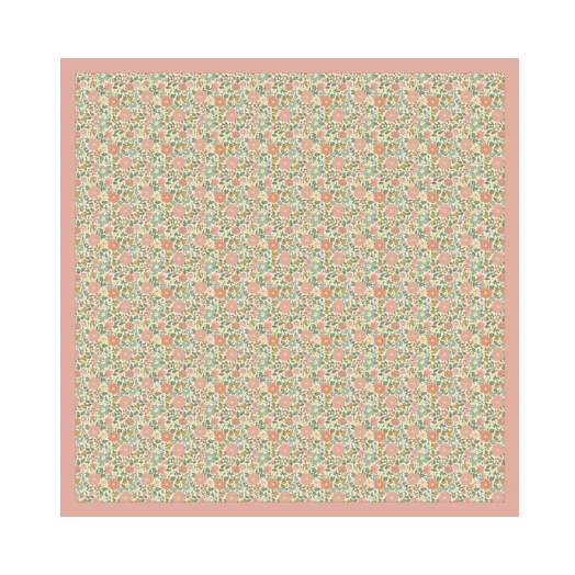 Floral patterned fabric blanket with a pink border on a white background