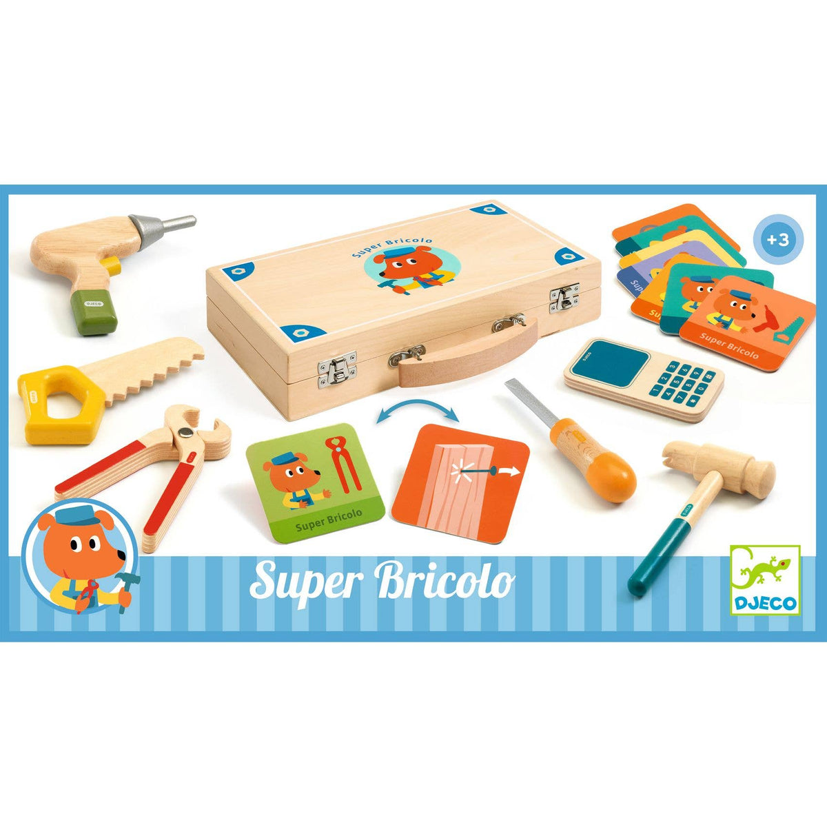 Toy construction set with tools and cards on a white background, featuring the brand 'Djeco'.
