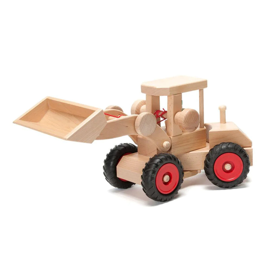 Wooden toy front loader with red wheels on a white background