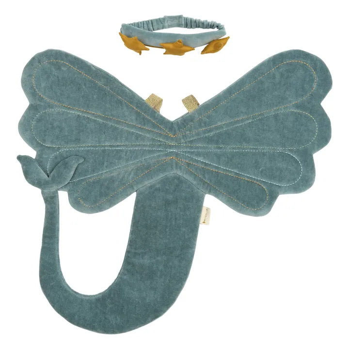 Blue mermaid shaped wing with a headband on a white background