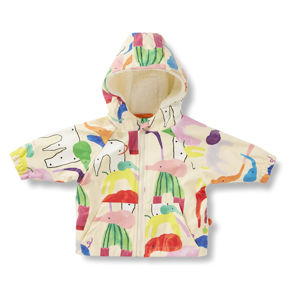 Raincoat with elephant print on background