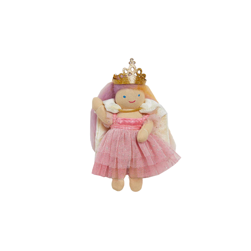 Plush toy fairy doll with a pink dress and gold crown on a white background