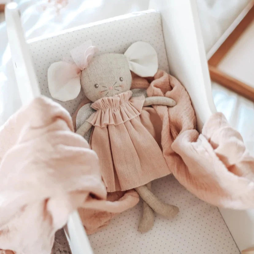 linen mouse doll in pink dress