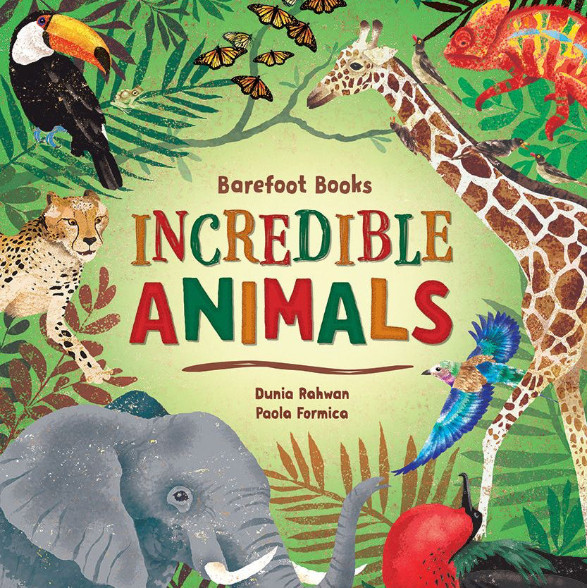 Book cover of 'Incredible Animals' with illustrations of various animals on a green background.