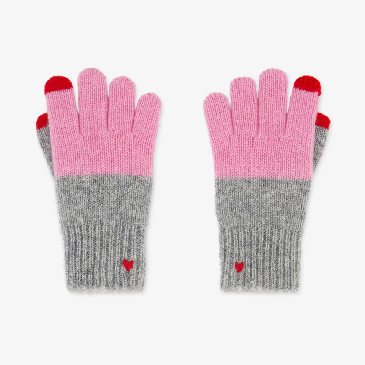 A pair of knit gloves in pink and gray with red fingertips and small red hearts, displayed on a clean white background.