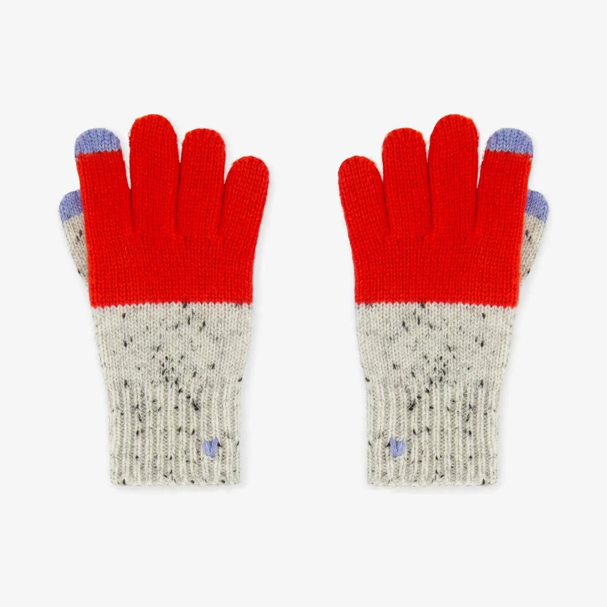 A pair of knit gloves with a bright red upper section, a speckled off-white lower section, and light purple tips on the fingers and palms, displayed against a plain white background.